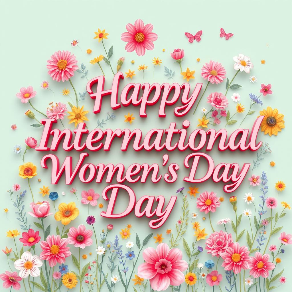 An artistic representation of the phrase 'Happy International Women’s Day' elegantly integrated into a vibrant background filled with celebratory elements such as flowers, symbols of femininity, and empowering imagery