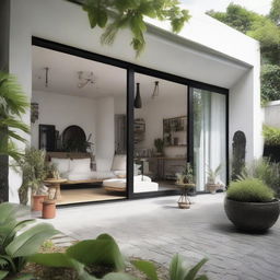 An intriguing exterior design of a house blending Javanese, Scandinavian, and Industrial influences. Features include a unique blend of Java craft details, stark Scandi-white walls, rustic raw industrial elements like metal frames or exposed bricks, surrounded by manicured, lush, tropical greenery.