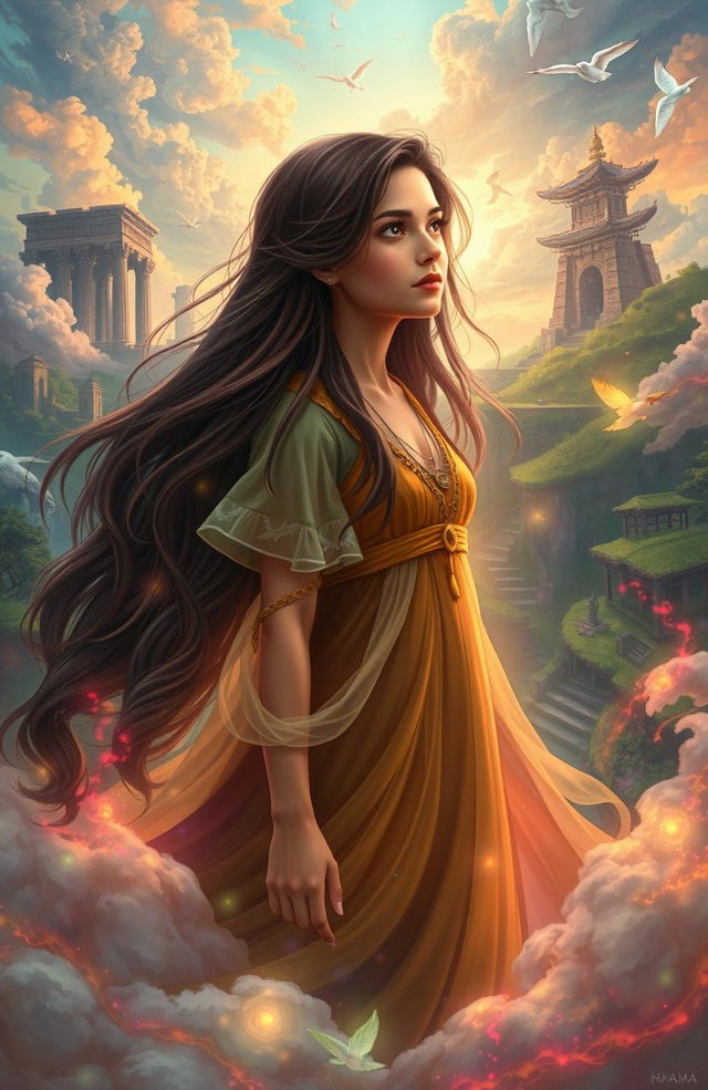 A vibrant and mystical scene depicting a young woman named Nama who is trapped in a fantastical representation of the past