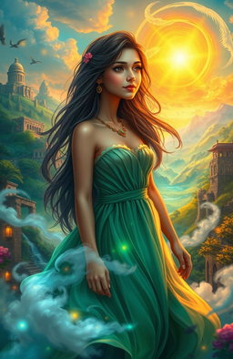 A vibrant and mystical scene depicting a young woman named Nama who is trapped in a fantastical representation of the past