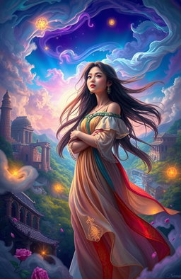 A vibrant and mystical scene depicting a young woman named Nama who is trapped in a fantastical representation of the past