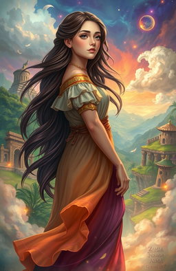 A vibrant and mystical scene depicting a young woman named Nama who is trapped in a fantastical representation of the past