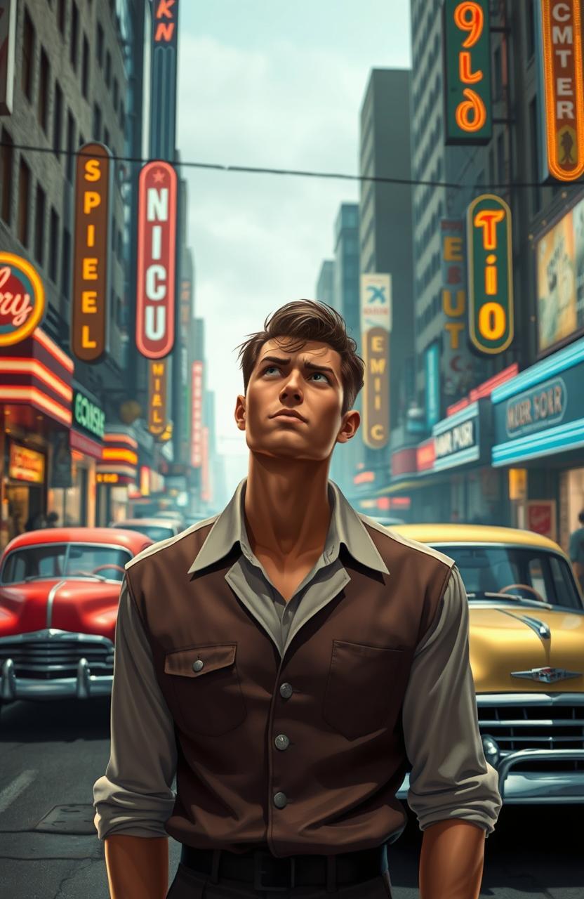A male character wearing a vintage outfit from the 1950s, looking lost and contemplative as he stands in a bustling city street, surrounded by elements from the past like classic cars, neon signs, and retro advertisements