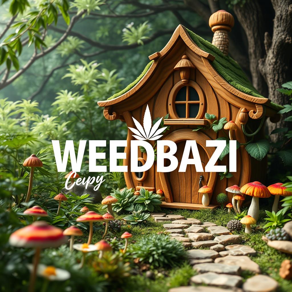 A bold 'WEEDBAZI' logo set in a magical environment featuring a whimsical wooden wizard home
