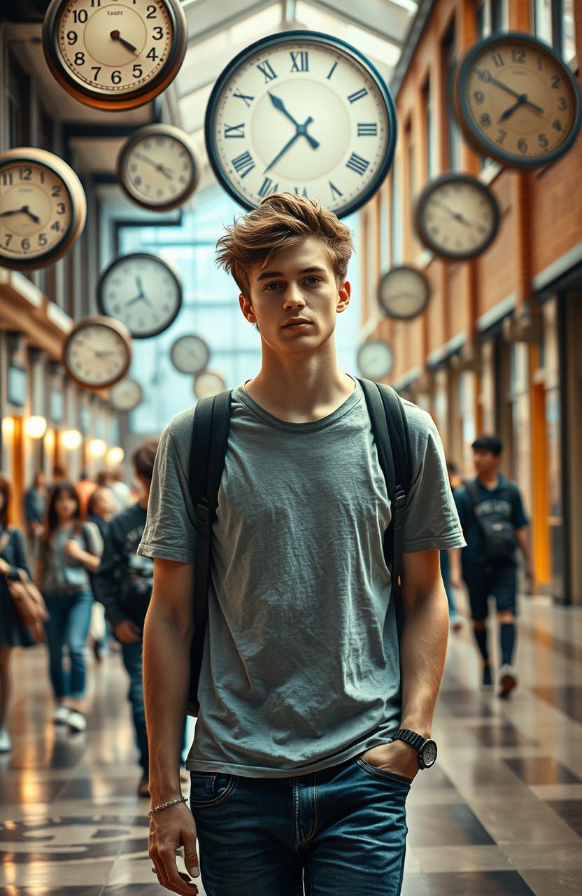 A young male college student, caught in a time loop, experiencing his daily life on campus while surrounded by swirling clocks and faded memories of the past