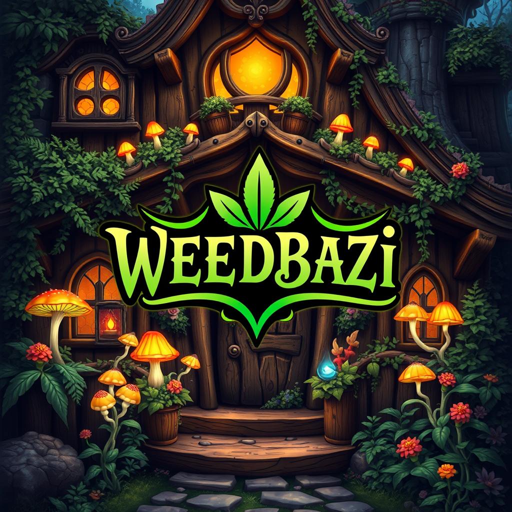 A whimsical and bold logo design for 'WEEDBAZI', set in a magical wooden wizard's home