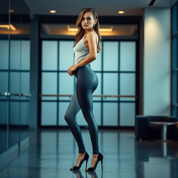 A stunning model gracefully posed in an elegant, tight-fitting outfit and leggings that accentuate her figure beautifully