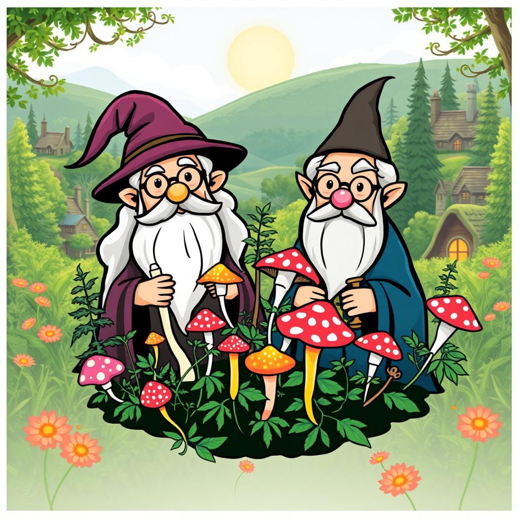 A whimsical logo featuring Gandalf the Grey and Albus Dumbledore, both depicted in an imaginative and friendly style
