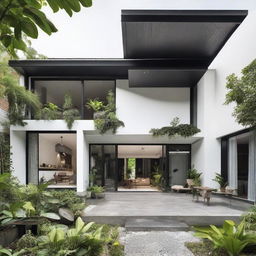 An intriguing exterior design of a house blending Javanese, Scandinavian, and Industrial influences. Features include a unique blend of Java craft details, stark Scandi-white walls, rustic raw industrial elements like metal frames or exposed bricks, surrounded by manicured, lush, tropical greenery.