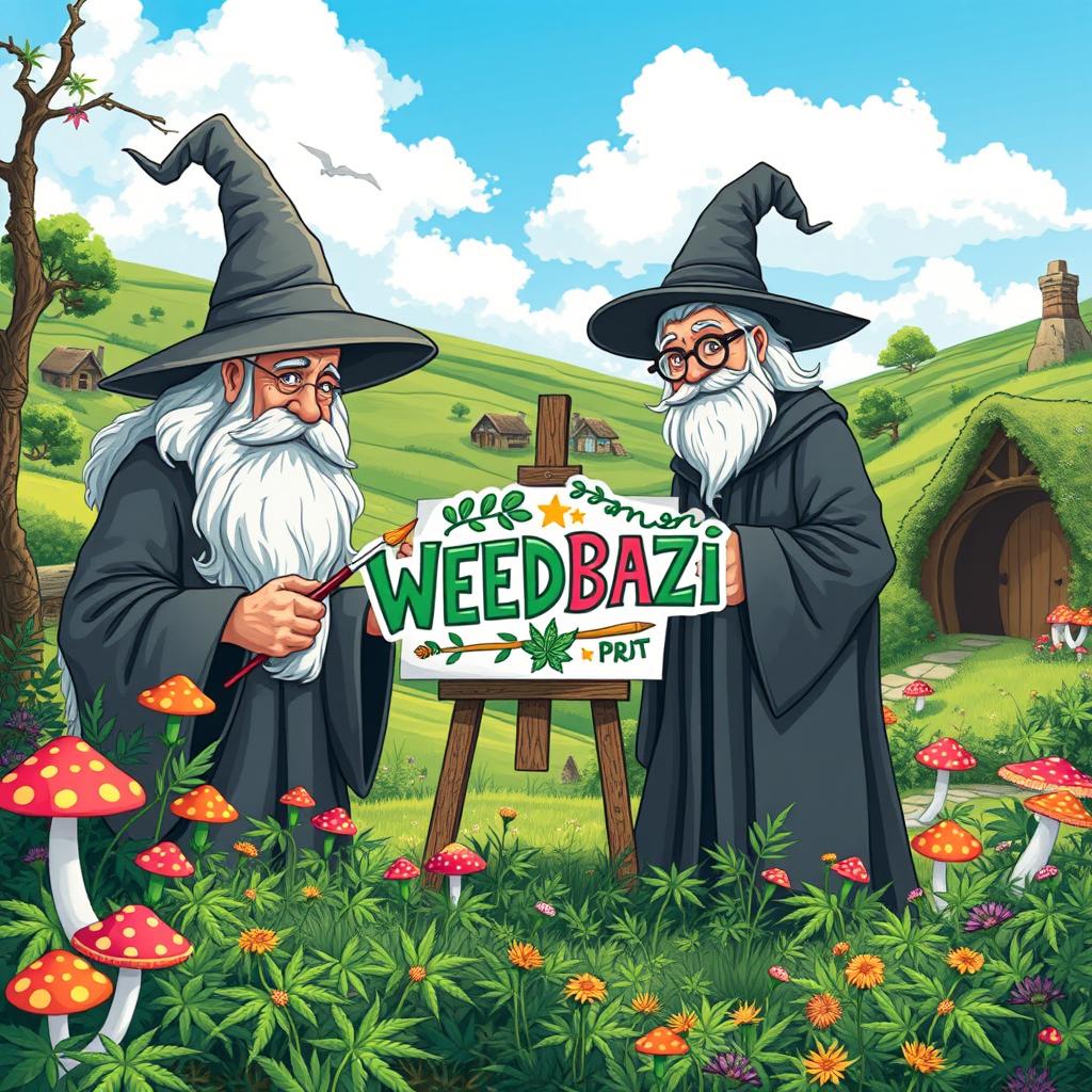 A whimsical scene in the Shire, featuring Gandalf the Grey and Albus Dumbledore working together to create a vibrant logo for 'WEEDBAZI'