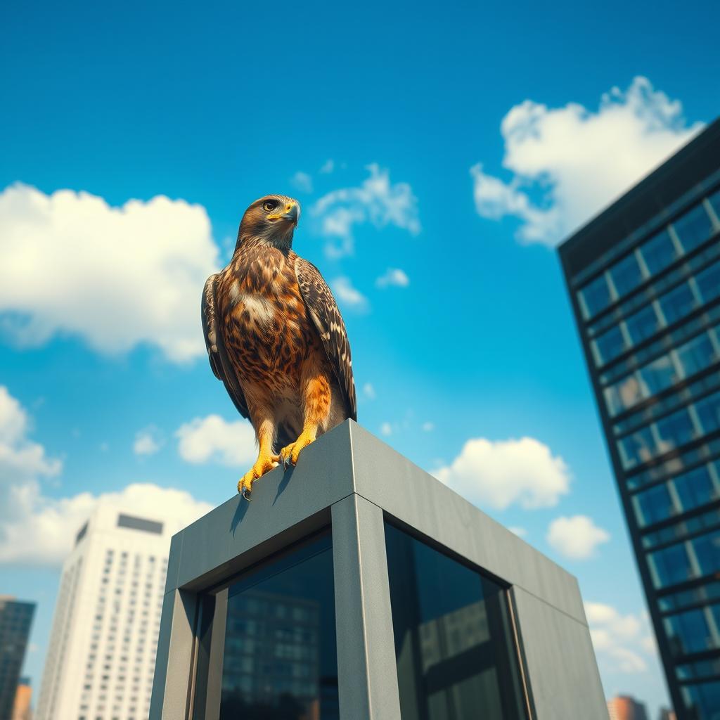 A surreal scene featuring a majestic hawk perched on the edge of a modern urban building, resembling a chair