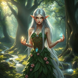 A graceful and enchanting female elf with long, flowing silver hair and delicate pointed ears, standing in a lush, vibrant forest filled with ancient trees and shimmering streams
