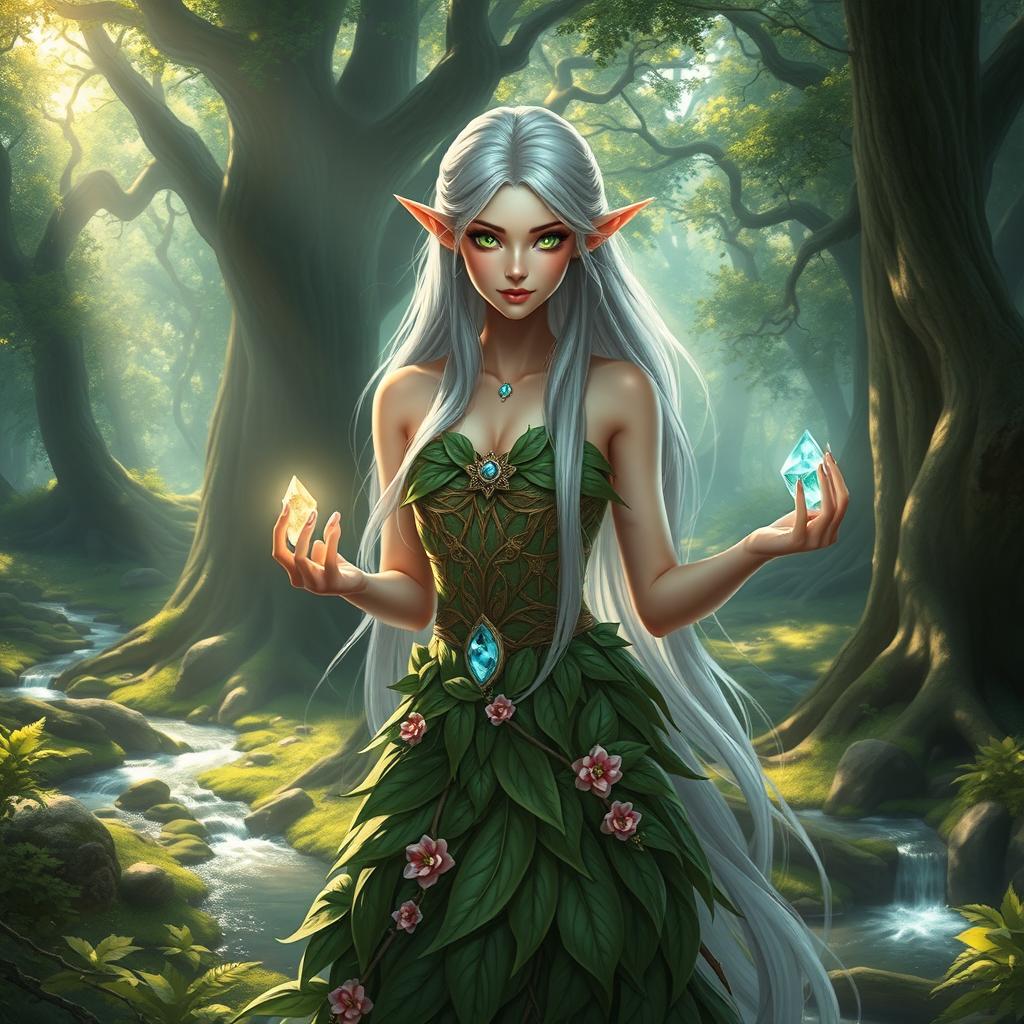 A graceful and enchanting female elf with long, flowing silver hair and delicate pointed ears, standing in a lush, vibrant forest filled with ancient trees and shimmering streams
