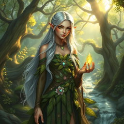 A graceful and enchanting female elf with long, flowing silver hair and delicate pointed ears, standing in a lush, vibrant forest filled with ancient trees and shimmering streams