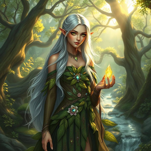 A graceful and enchanting female elf with long, flowing silver hair and delicate pointed ears, standing in a lush, vibrant forest filled with ancient trees and shimmering streams