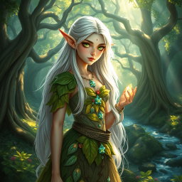 A graceful and enchanting female elf with long, flowing silver hair and delicate pointed ears, standing in a lush, vibrant forest filled with ancient trees and shimmering streams