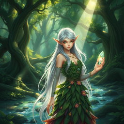 A graceful and enchanting female elf with long, flowing silver hair and delicate pointed ears, standing in a lush, vibrant forest filled with ancient trees and shimmering streams