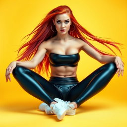 A stunning skinny redhead with big boobs, dressed in skin-tight shiny lycra workout clothes that accentuate her fit physique