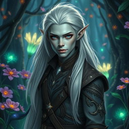 A striking male elf with unique grey skin and long, flowing platinum hair, standing confidently in a mystical forest adorned with bioluminescent plants and vibrant flowers