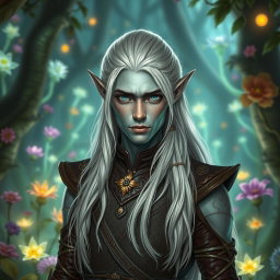A striking male elf with unique grey skin and long, flowing platinum hair, standing confidently in a mystical forest adorned with bioluminescent plants and vibrant flowers