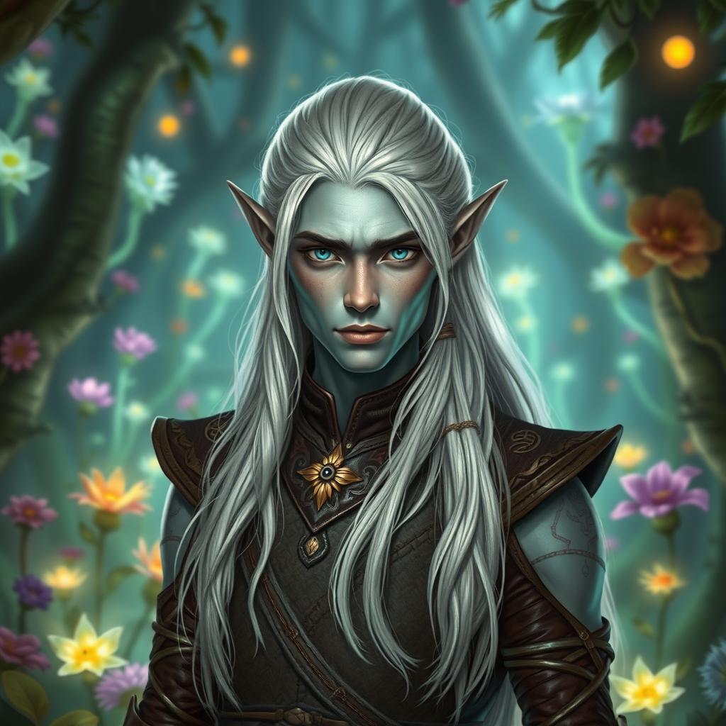 A striking male elf with unique grey skin and long, flowing platinum hair, standing confidently in a mystical forest adorned with bioluminescent plants and vibrant flowers