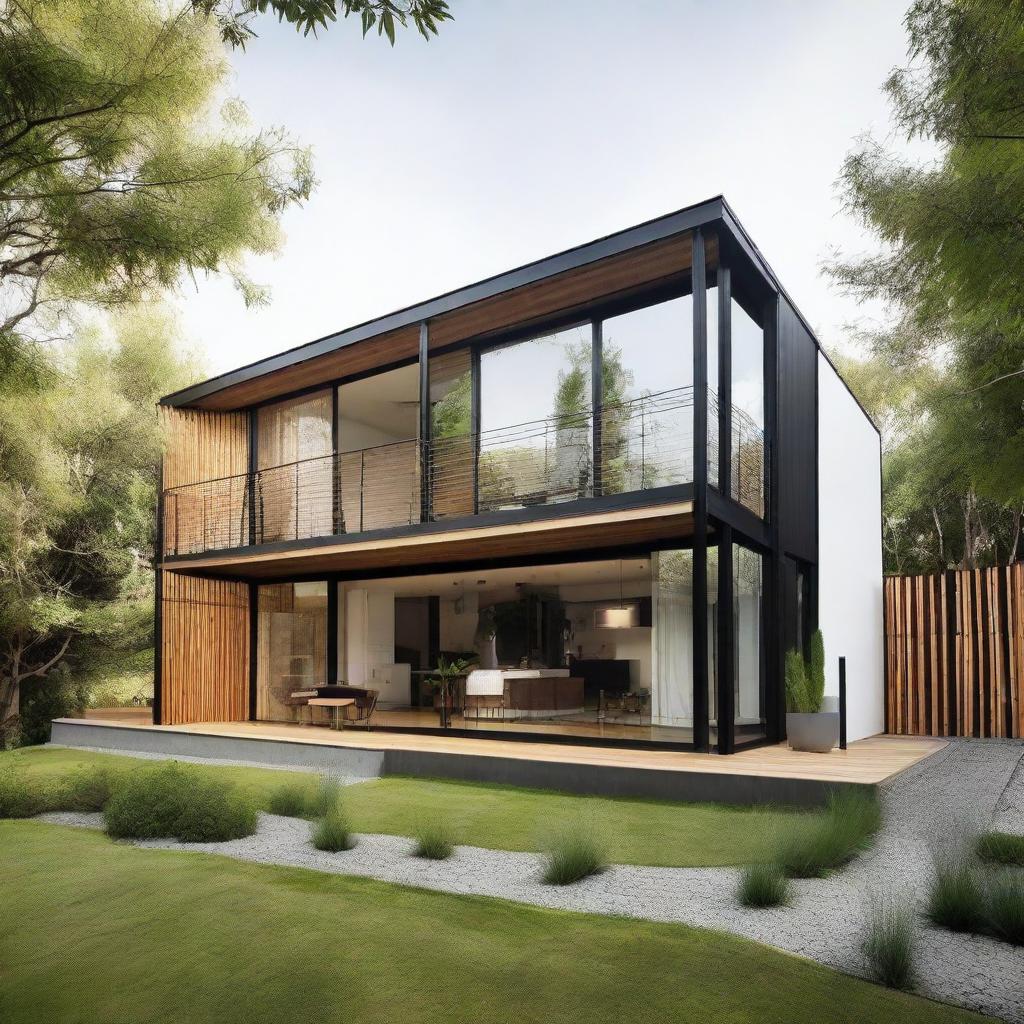 A front view exterior of a Scandinavian industrial style house incorporating bamboo elements. This design showcases sharp, minimalist lines, white walls, dark metal frames, and large windows. Bamboo is expertly integrated into fences, accent features, and planters, mediating between the lush, natural landscape and the house.