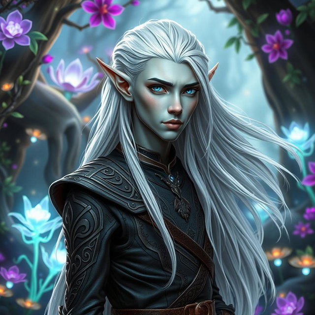 A striking male elf with unique grey skin and long, flowing platinum hair, standing confidently in a mystical forest adorned with bioluminescent plants and vibrant flowers