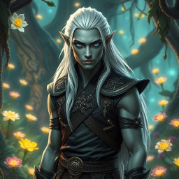 A striking male elf with unique grey skin and long, flowing platinum hair, standing confidently in a mystical forest adorned with bioluminescent plants and vibrant flowers