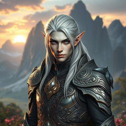 A striking male elf with unique grey skin and long platinum hair, wearing intricately designed armor that reflects a blend of elegance and strength