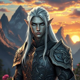 A striking male elf with unique grey skin and long platinum hair, wearing intricately designed armor that reflects a blend of elegance and strength
