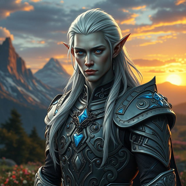 A striking male elf with unique grey skin and long platinum hair, wearing intricately designed armor that reflects a blend of elegance and strength