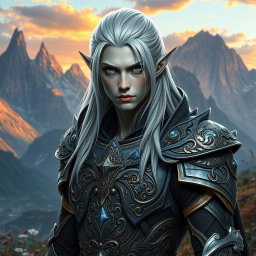 A striking male elf with unique grey skin and long platinum hair, wearing intricately designed armor that reflects a blend of elegance and strength