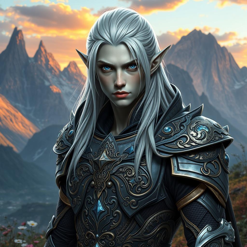A striking male elf with unique grey skin and long platinum hair, wearing intricately designed armor that reflects a blend of elegance and strength