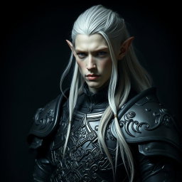 A striking male elf with unique grey skin and long, flowing platinum hair, dressed in ornate, dark armor that blends elements of elegance and strength