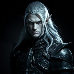 A striking male elf with unique grey skin and long, flowing platinum hair, dressed in ornate, dark armor that blends elements of elegance and strength
