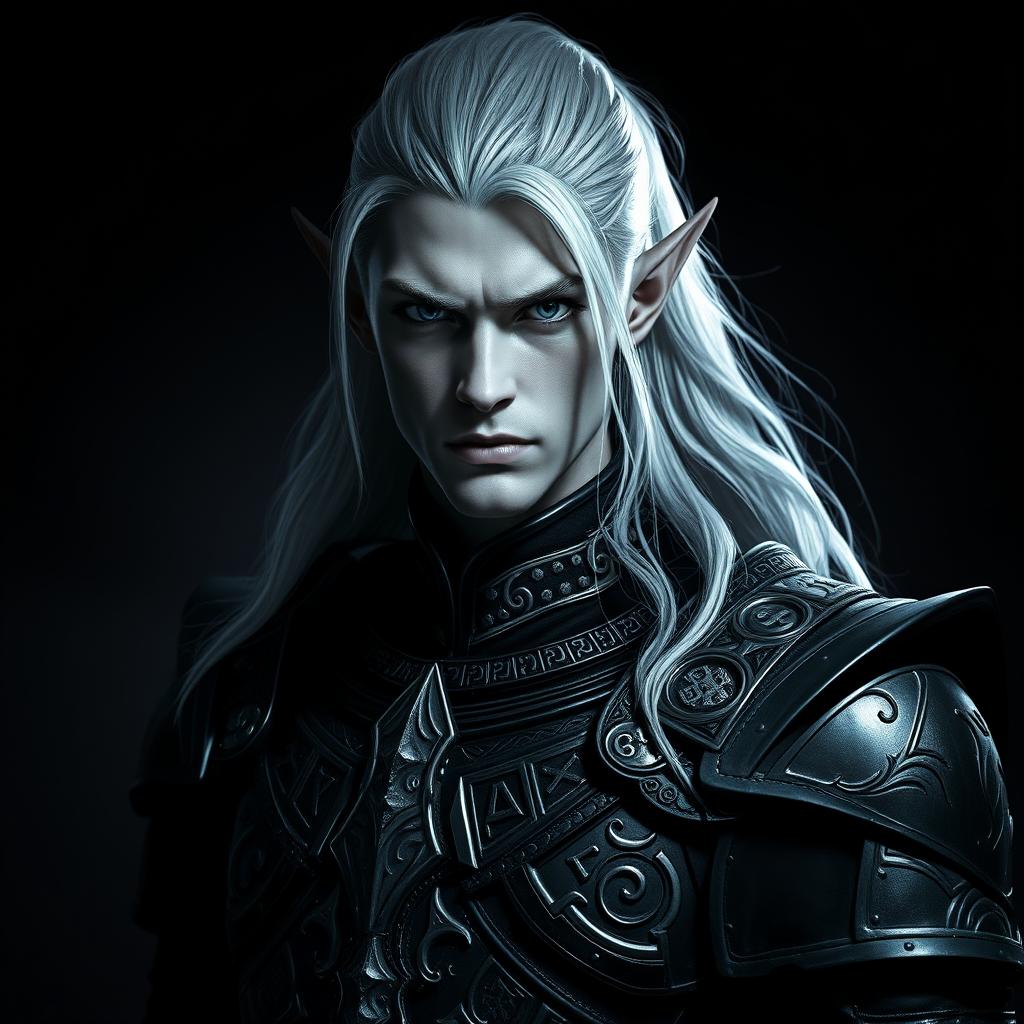 A striking male elf with unique grey skin and long, flowing platinum hair, dressed in ornate, dark armor that blends elements of elegance and strength