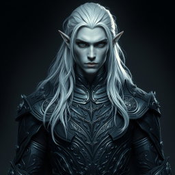 A striking male elf with unique grey skin and long, flowing platinum hair, dressed in ornate, dark armor that blends elements of elegance and strength