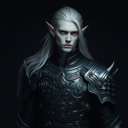 A striking male elf with unique grey skin and long, flowing platinum hair, dressed in ornate, dark armor that blends elements of elegance and strength