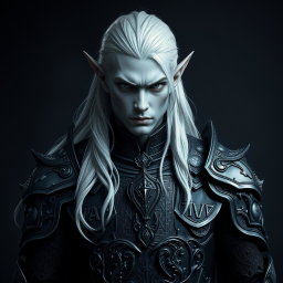 A striking male elf with unique grey skin and long, flowing platinum hair, clad in ornate dark armor that reflects a blend of elegance and strength