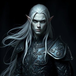 A striking male elf with unique grey skin and long, flowing platinum hair, clad in ornate dark armor that reflects a blend of elegance and strength