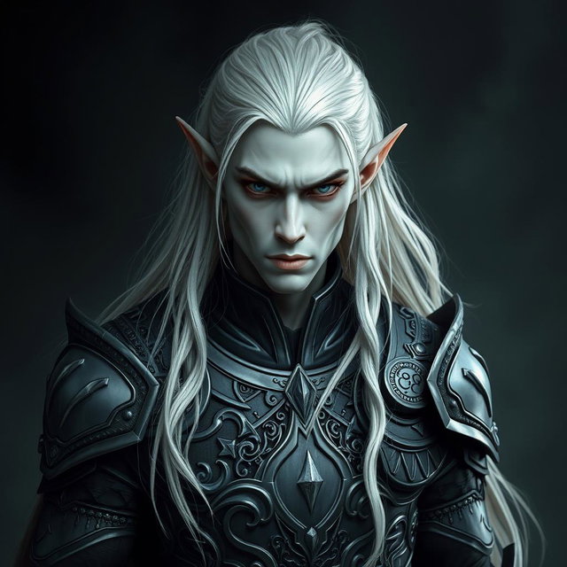 A striking male elf with unique grey skin and long, flowing platinum hair, clad in ornate dark armor that reflects a blend of elegance and strength