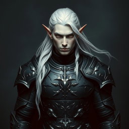 A striking male elf with unique grey skin and long, flowing platinum hair, clad in ornate dark armor that reflects a blend of elegance and strength