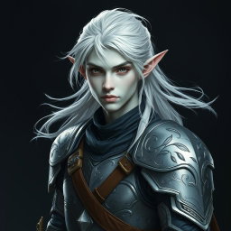 A captivating male elf with striking grey skin and flowing platinum hair, dressed in lightweight yet intricately detailed armor that emphasizes agility and elegance