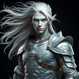 A captivating male elf with striking grey skin and flowing platinum hair, dressed in lightweight yet intricately detailed armor that emphasizes agility and elegance