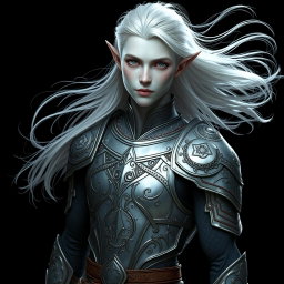 A captivating male elf with striking grey skin and flowing platinum hair, dressed in lightweight yet intricately detailed armor that emphasizes agility and elegance