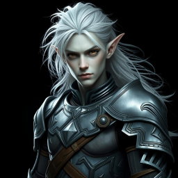 A captivating male elf with striking grey skin and flowing platinum hair, dressed in lightweight yet intricately detailed armor that emphasizes agility and elegance
