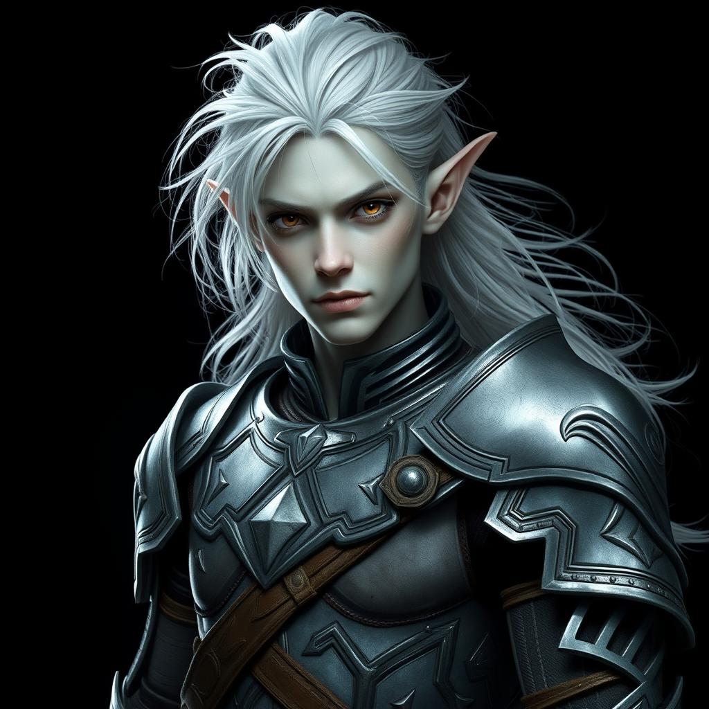 A captivating male elf with striking grey skin and flowing platinum hair, dressed in lightweight yet intricately detailed armor that emphasizes agility and elegance