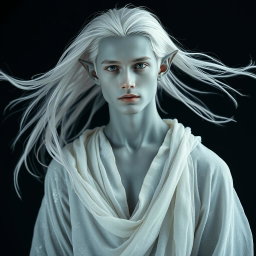 A captivating male elf with striking grey skin and flowing platinum hair, dressed in light, ethereal clothing that billows gently around him