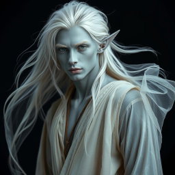 A captivating male elf with striking grey skin and flowing platinum hair, dressed in light, ethereal clothing that billows gently around him