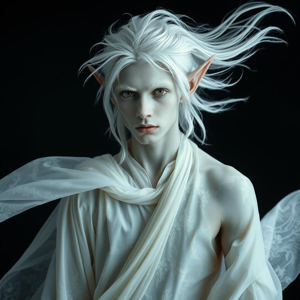 A captivating male elf with striking grey skin and flowing platinum hair, dressed in light, ethereal clothing that billows gently around him